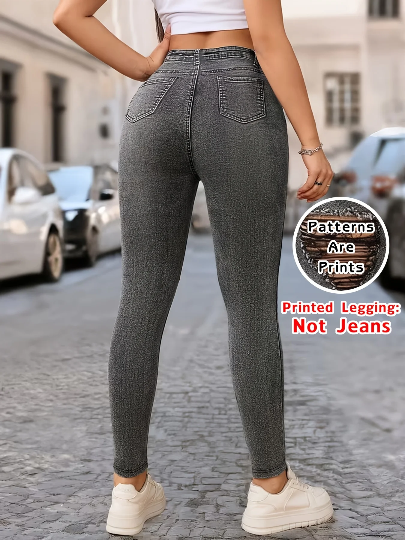 【Non-Denim】Women's Faux Denim Print Leggings, Sports Casual Skinny Pants, Thin Soft Skin-Friendly Yoga Pants, All Seasons Wear L