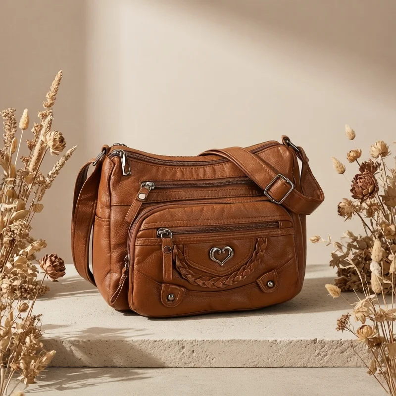 Soft Leather Crossbody Bag, Multi Zipper Pocket Shoulder Purse with Braided Heart Metal Accents, Casual Everyday Organizer Bag