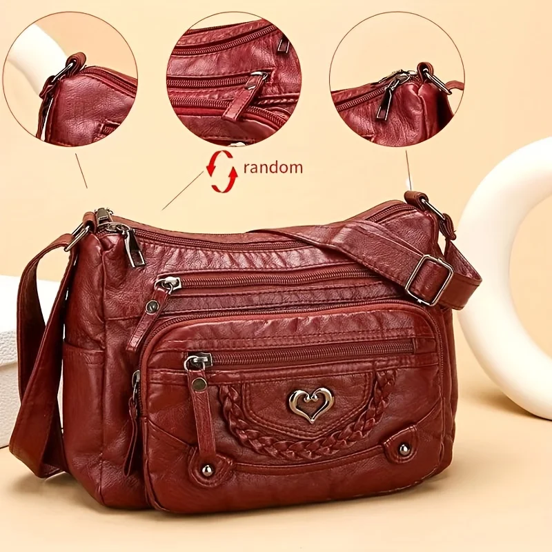 Soft Leather Crossbody Bag, Multi Zipper Pocket Shoulder Purse with Braided Heart Metal Accents, Casual Everyday Organizer Bag