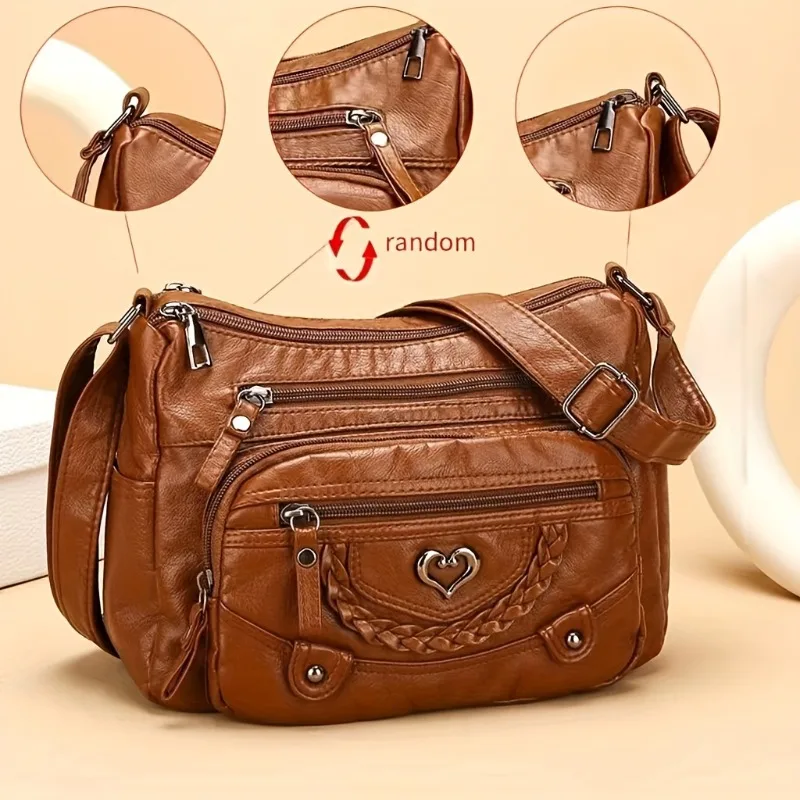 Soft Leather Crossbody Bag, Multi Zipper Pocket Shoulder Purse with Braided Heart Metal Accents, Casual Everyday Organizer Bag