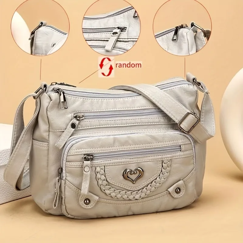 Soft Leather Crossbody Bag, Multi Zipper Pocket Shoulder Purse with Braided Heart Metal Accents, Casual Everyday Organizer Bag
