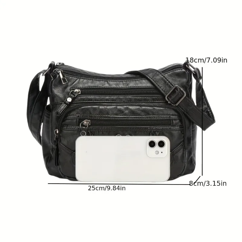 Soft Leather Crossbody Bag, Multi Zipper Pocket Shoulder Purse with Braided Heart Metal Accents, Casual Everyday Organizer Bag
