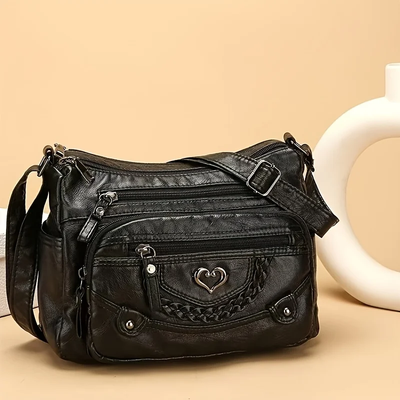 Soft Leather Crossbody Bag, Multi Zipper Pocket Shoulder Purse with Braided Heart Metal Accents, Casual Everyday Organizer Bag