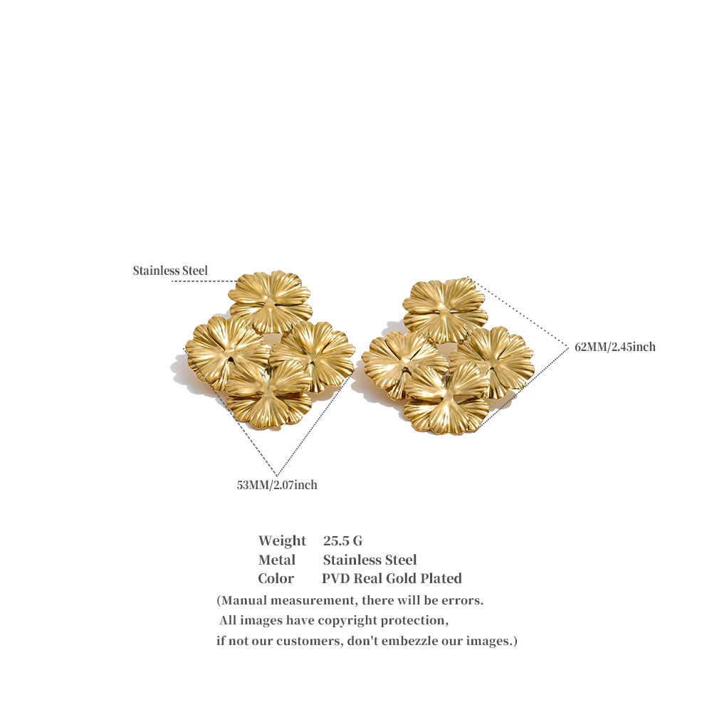 Yhpup 53*62mm Stainless Steel Metal Petal Flower Big Stud Earrings for Women 2026 Fashion Golden Statement Jewelry Waterproof