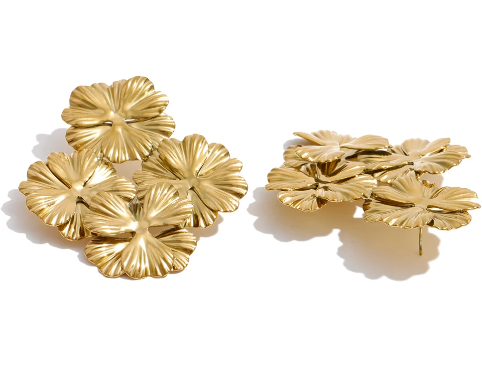 Yhpup 53*62mm Stainless Steel Metal Petal Flower Big Stud Earrings for Women 2026 Fashion Golden Statement Jewelry Waterproof