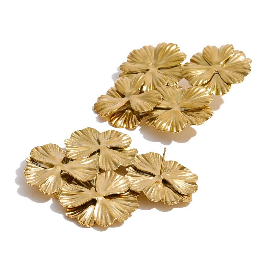 Yhpup 53*62mm Stainless Steel Metal Petal Flower Big Stud Earrings for Women 2026 Fashion Golden Statement Jewelry Waterproof