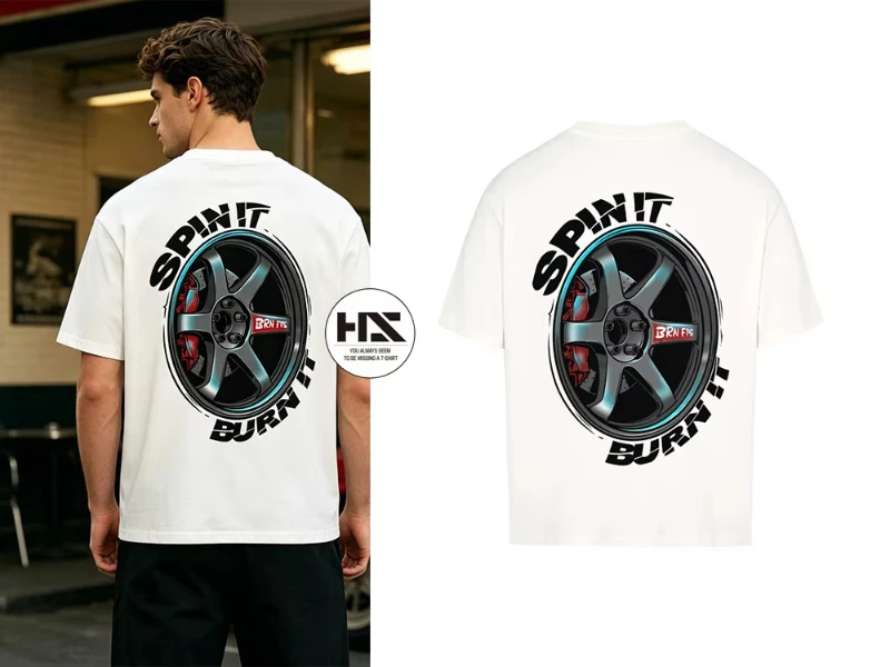 Men's Car Enthusiast Print T-Shirt Crew Neck Cotton Shirt with Ich Mag Felgen 5-Spoke Racing Wheel Design Urban Streetwear Style