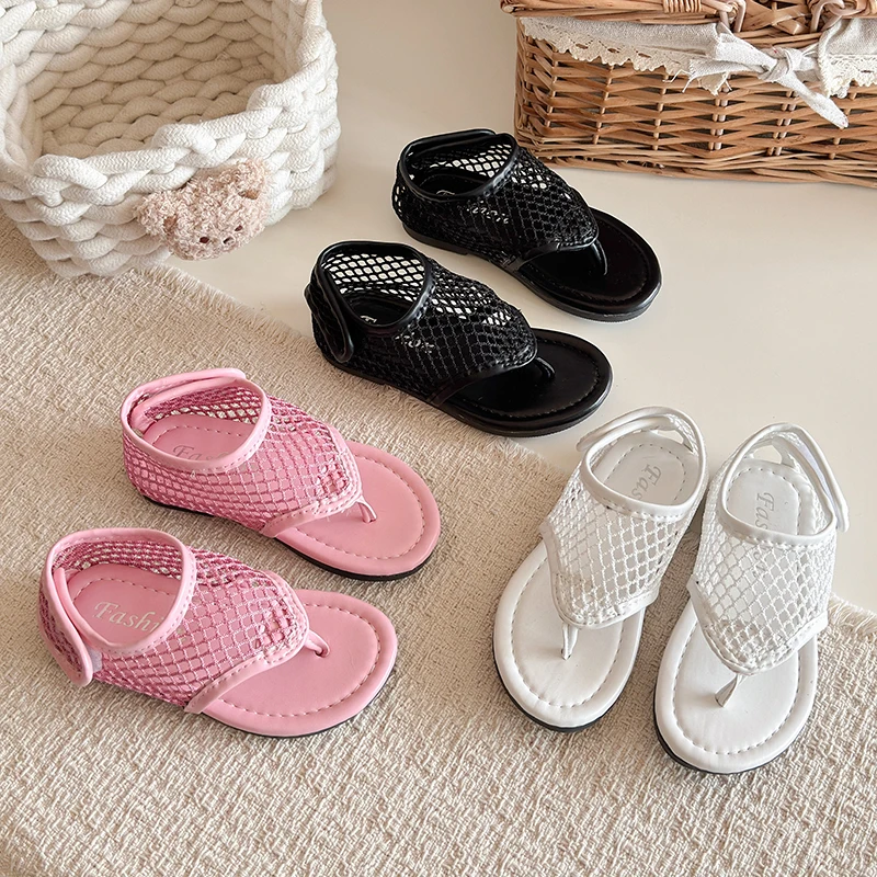 Spring Boys Girl's Flip Flop Sandals Mesh Hook-loop Breathable Chic Kid's Flat Shoe Solid Colors Anti-slip Casual Children Shoes