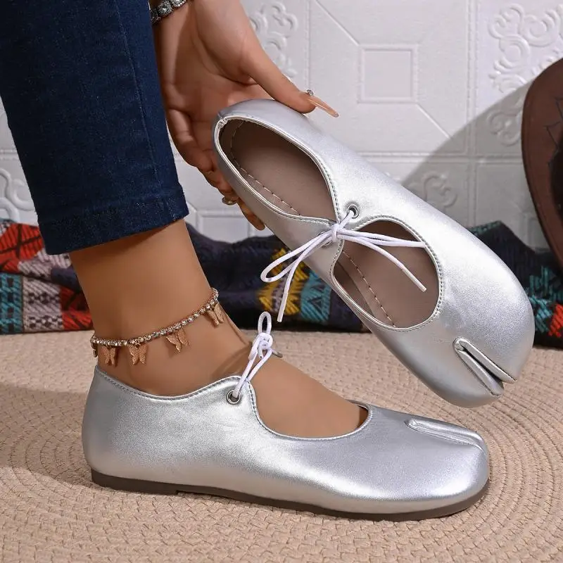 Comfort Flats Heel Silver Designer Tabi Shoes Women Summer 2026 Lightweight Lace Up Bowknot Ballet Flat Shoe Woman's Loafers