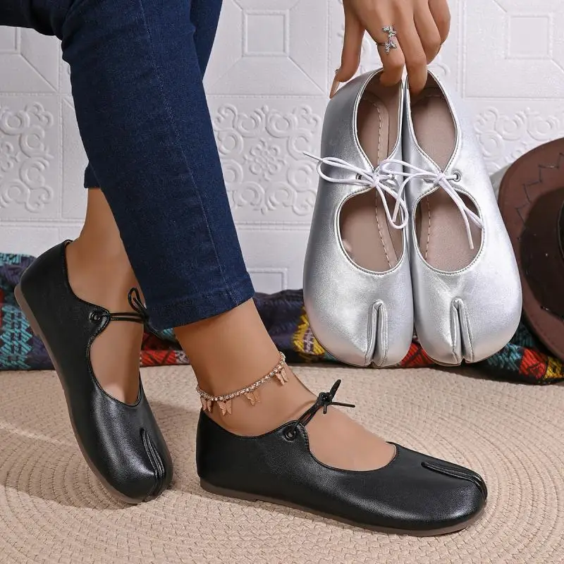 Comfort Flats Heel Silver Designer Tabi Shoes Women Summer 2026 Lightweight Lace Up Bowknot Ballet Flat Shoe Woman's Loafers