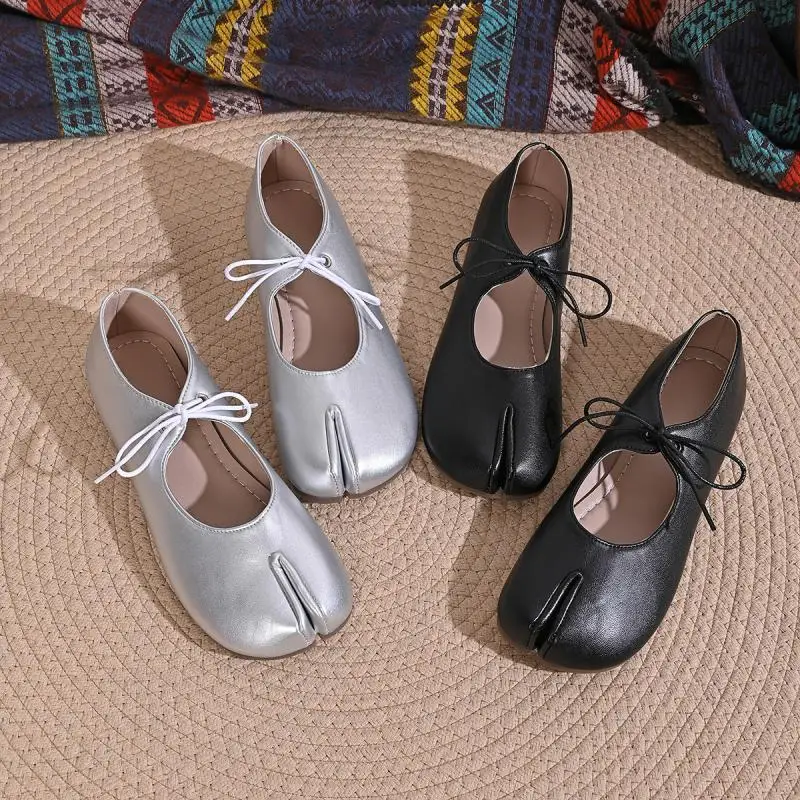 Comfort Flats Heel Silver Designer Tabi Shoes Women Summer 2026 Lightweight Lace Up Bowknot Ballet Flat Shoe Woman's Loafers