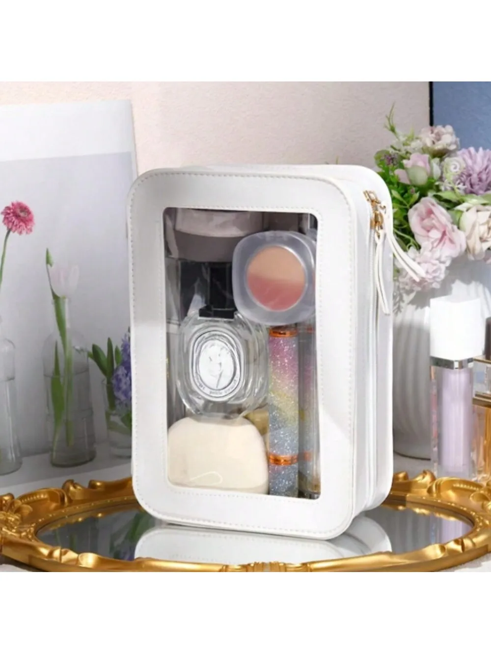 Medium PU Transparent Single-Sided Makeup Bag, Lipstick Makeup Brush, Cosmetics Large Capacity Storage Makeup Bag