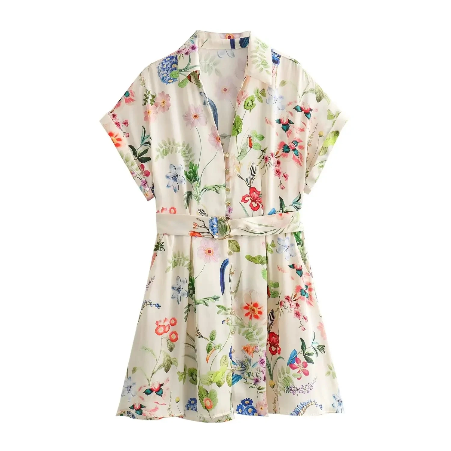 HH Boho Women Short Sleeve Summer Floral Print Dress Single Breasted Belt Slim Dress Woman Casual Vacation Beach Mini Dresses
