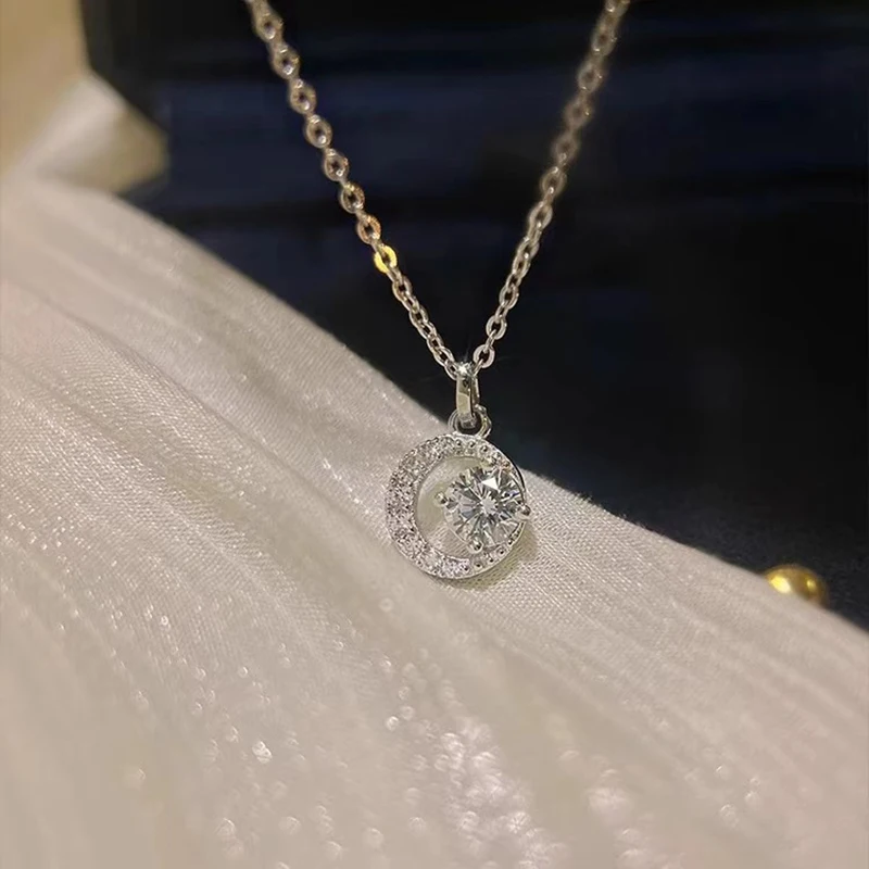 S925 Silver Crescent Moissanite D VVS Women's Necklace Luxury Star and Moon Pendant Elegant Clavicle Chain Cute Jewelry
