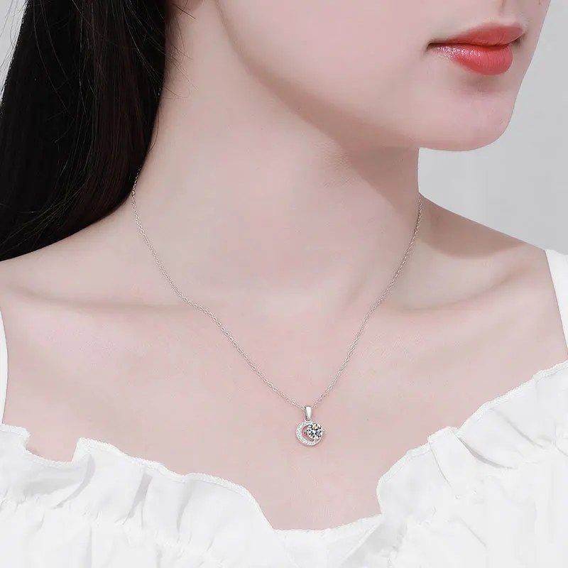S925 Silver Crescent Moissanite D VVS Women's Necklace Luxury Star and Moon Pendant Elegant Clavicle Chain Cute Jewelry