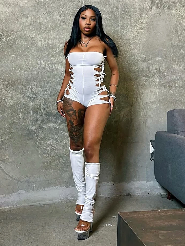 Weird Puss Hollow 2-Piece Set Women Tassel Bandage Low-Neck Sleeveless Backless Playsuits+Simple Leg Sleeve Midnight Sexy Suit