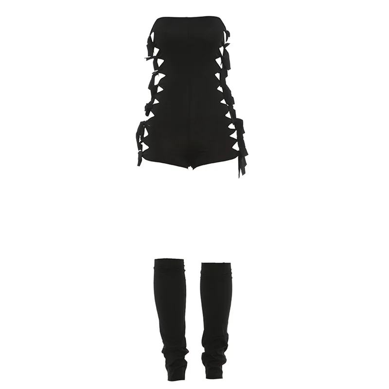 Weird Puss Hollow 2-Piece Set Women Tassel Bandage Low-Neck Sleeveless Backless Playsuits+Simple Leg Sleeve Midnight Sexy Suit