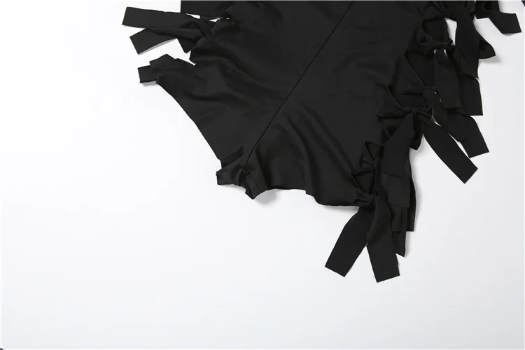 Weird Puss Hollow 2-Piece Set Women Tassel Bandage Low-Neck Sleeveless Backless Playsuits+Simple Leg Sleeve Midnight Sexy Suit
