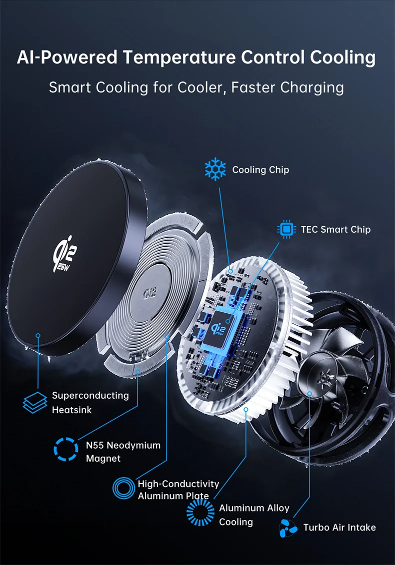 HaaYot Qi2.2 25W Magnetic Wireless Charger Stand for iPhone 17/16 Fast Charging,AI Cooling Charging Pad for Galaxy S25/S26 Ultra