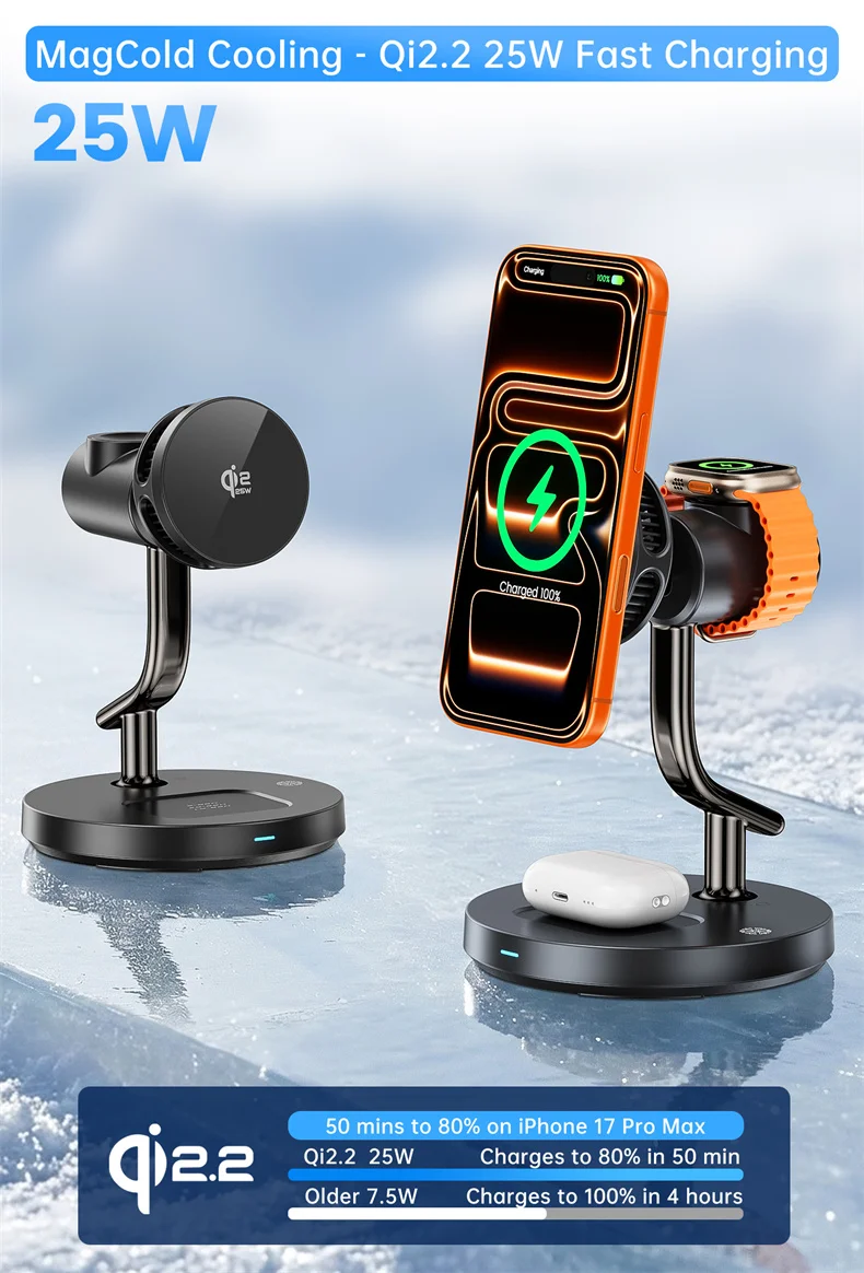 HaaYot Qi2.2 25W Magnetic Wireless Charger Stand for iPhone 17/16 Fast Charging,AI Cooling Charging Pad for Galaxy S25/S26 Ultra
