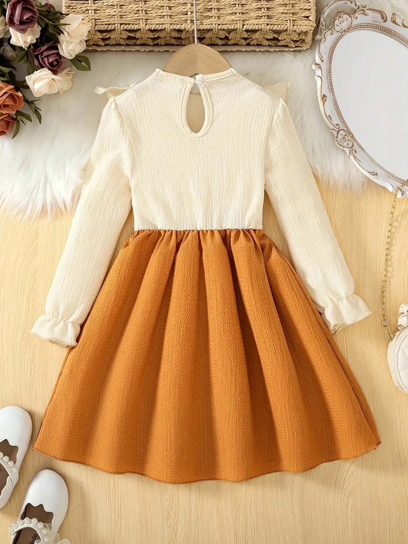 Children's Clothing Summer Fashion Elegant Long Sleeved Floral Waist Bow Decoration Ruffled Collar Dress Mid Length Skirt