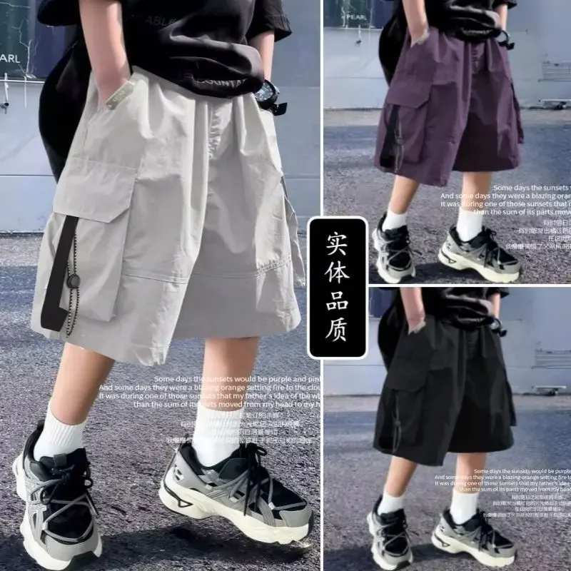 Summer Cool Teen Boys Short Pants Loose Style Casual Big Pocket Mid-length Shorts For 4-14 Years Kids Bermuda Trousers