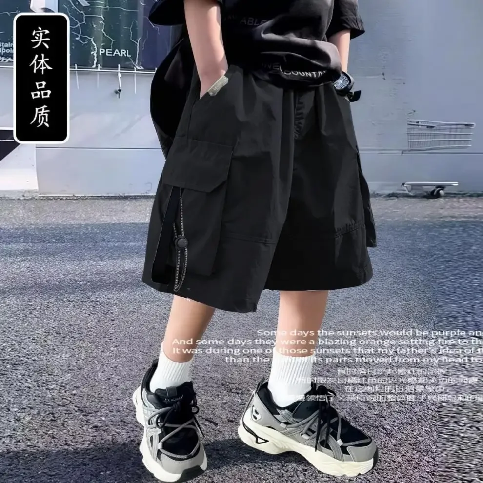 Summer Cool Teen Boys Short Pants Loose Style Casual Big Pocket Mid-length Shorts For 4-14 Years Kids Bermuda Trousers