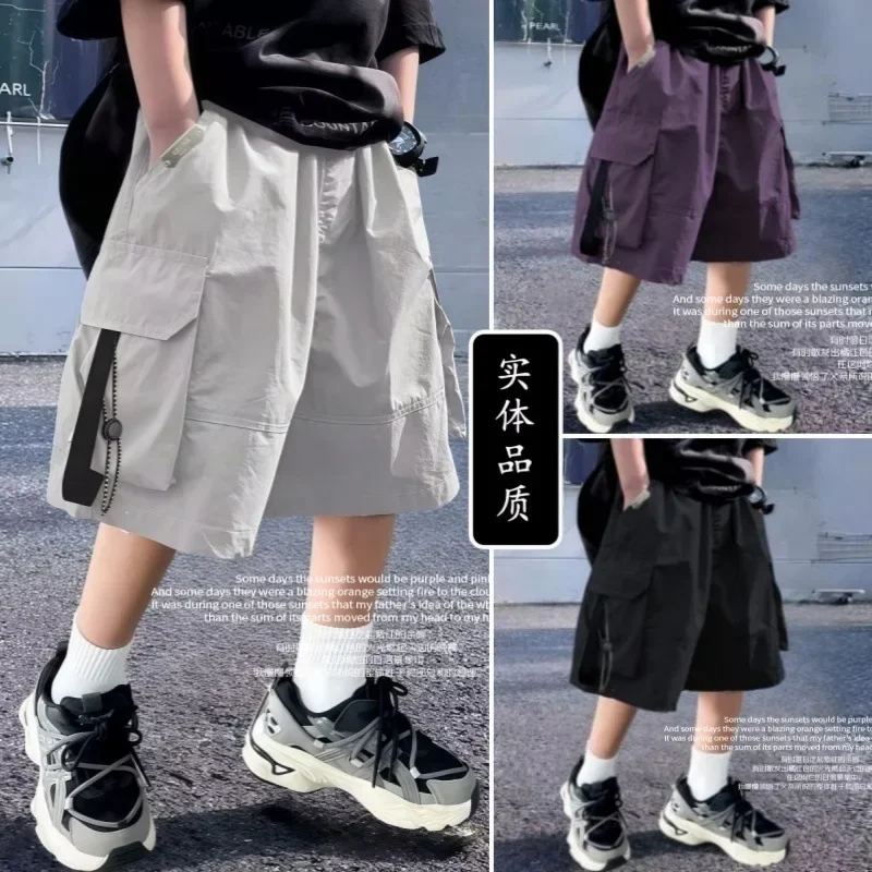 Summer Cool Teen Boys Short Pants Loose Style Casual Big Pocket Mid-length Shorts For 4-14 Years Kids Bermuda Trousers