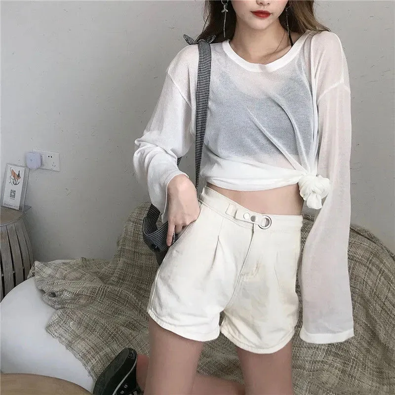 Sheer T-shirts Women Summer Sun-proof Cool Breathable Long Sleeve T Shirt Solid Loose All-match See Through Sun Protection Top