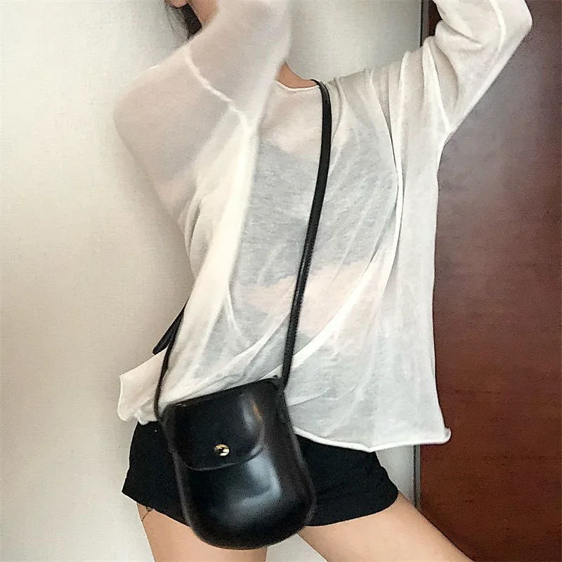 Sheer T-shirts Women Summer Sun-proof Cool Breathable Long Sleeve T Shirt Solid Loose All-match See Through Sun Protection Top