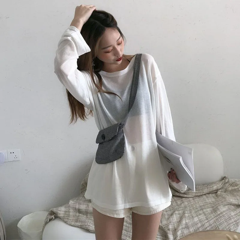 Sheer T-shirts Women Summer Sun-proof Cool Breathable Long Sleeve T Shirt Solid Loose All-match See Through Sun Protection Top