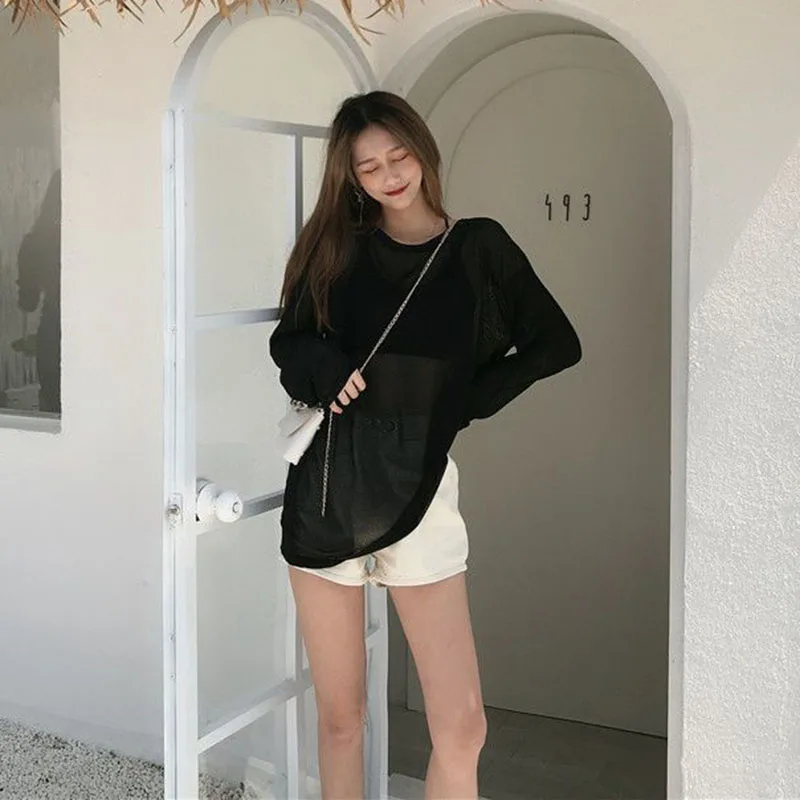 Sheer T-shirts Women Summer Sun-proof Cool Breathable Long Sleeve T Shirt Solid Loose All-match See Through Sun Protection Top