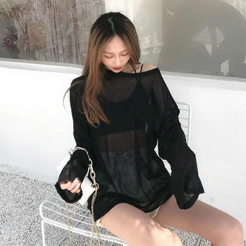 Sheer T-shirts Women Summer Sun-proof Cool Breathable Long Sleeve T Shirt Solid Loose All-match See Through Sun Protection Top