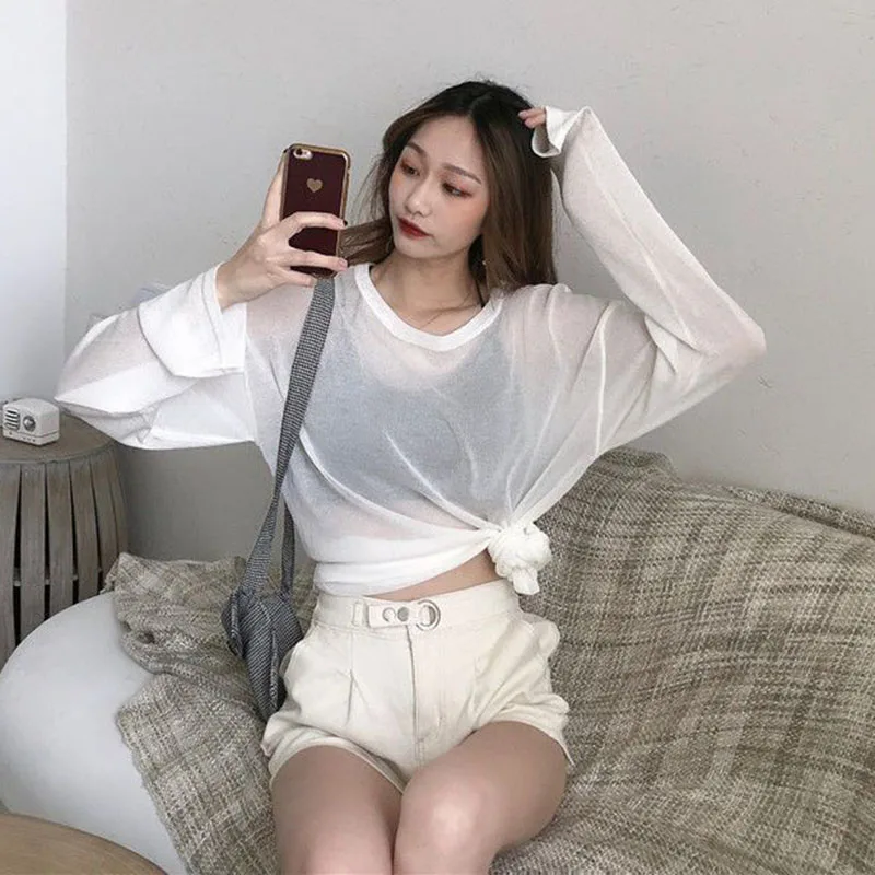 Sheer T-shirts Women Summer Sun-proof Cool Breathable Long Sleeve T Shirt Solid Loose All-match See Through Sun Protection Top
