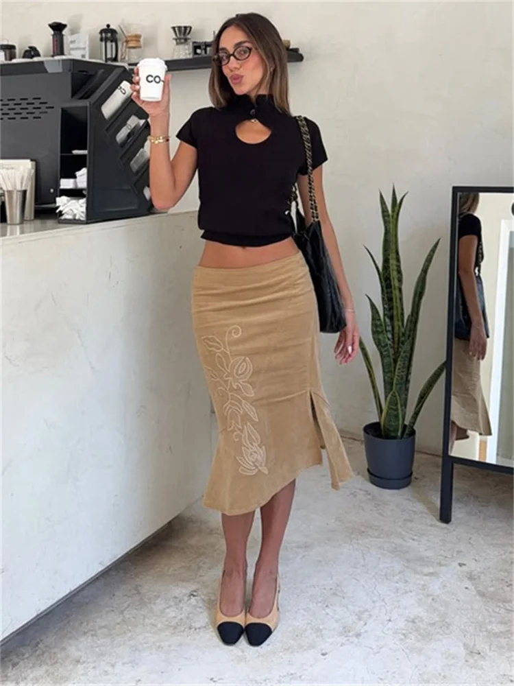 Summer Vintage Printed Long Skirt Female High Waist Commute Side Split Elegant Contrast Clothes Women's Slim Maxi Skirt 2026 New