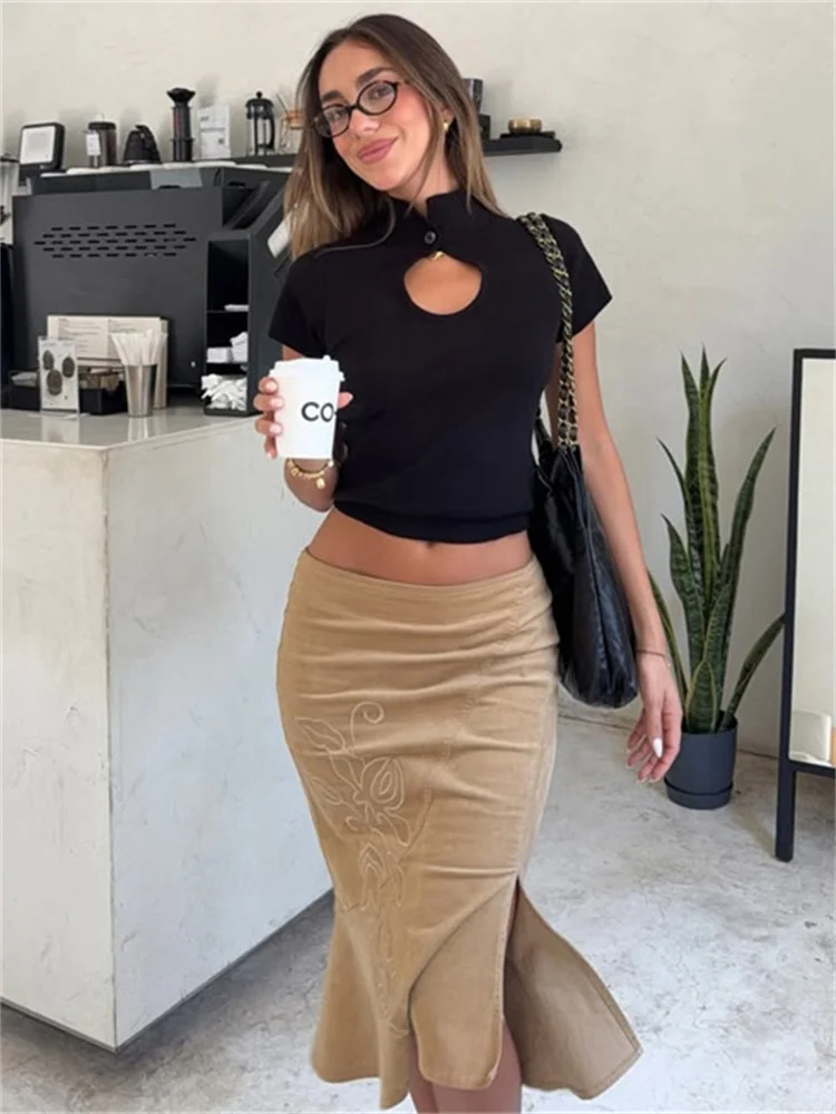 Summer Vintage Printed Long Skirt Female High Waist Commute Side Split Elegant Contrast Clothes Women's Slim Maxi Skirt 2026 New