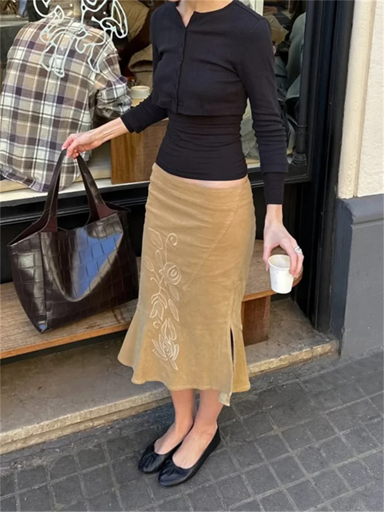 Summer Vintage Printed Long Skirt Female High Waist Commute Side Split Elegant Contrast Clothes Women's Slim Maxi Skirt 2026 New