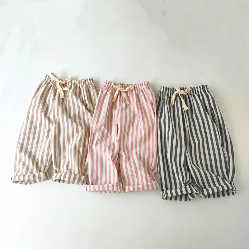 Kids Pants Toddler Striped Cotton Linen Pants Loose Fit Casual Summer Trousers for Children