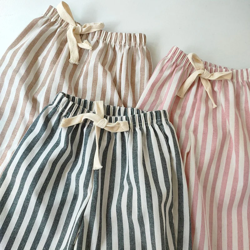 Kids Pants Toddler Striped Cotton Linen Pants Loose Fit Casual Summer Trousers for Children