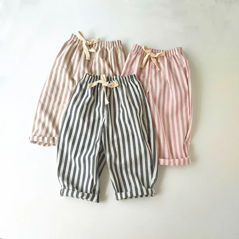 Kids Pants Toddler Striped Cotton Linen Pants Loose Fit Casual Summer Trousers for Children