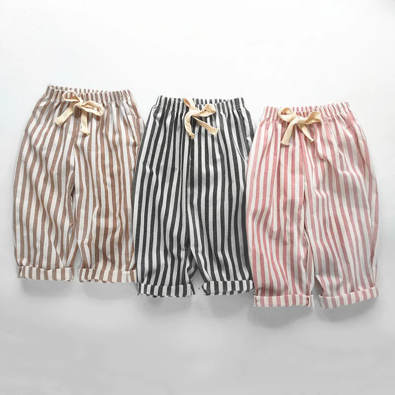Kids Pants Toddler Striped Cotton Linen Pants Loose Fit Casual Summer Trousers for Children
