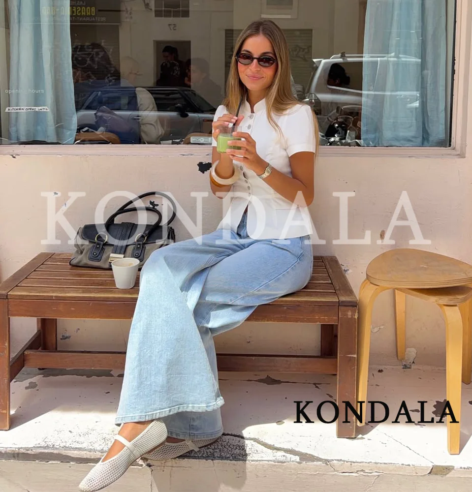 Women Chic Leisure Slim Short Sleeve Shirt KONDALA 2026 Summer Trendy Single-Breasted Tops Female High Street Commute Shirts Top