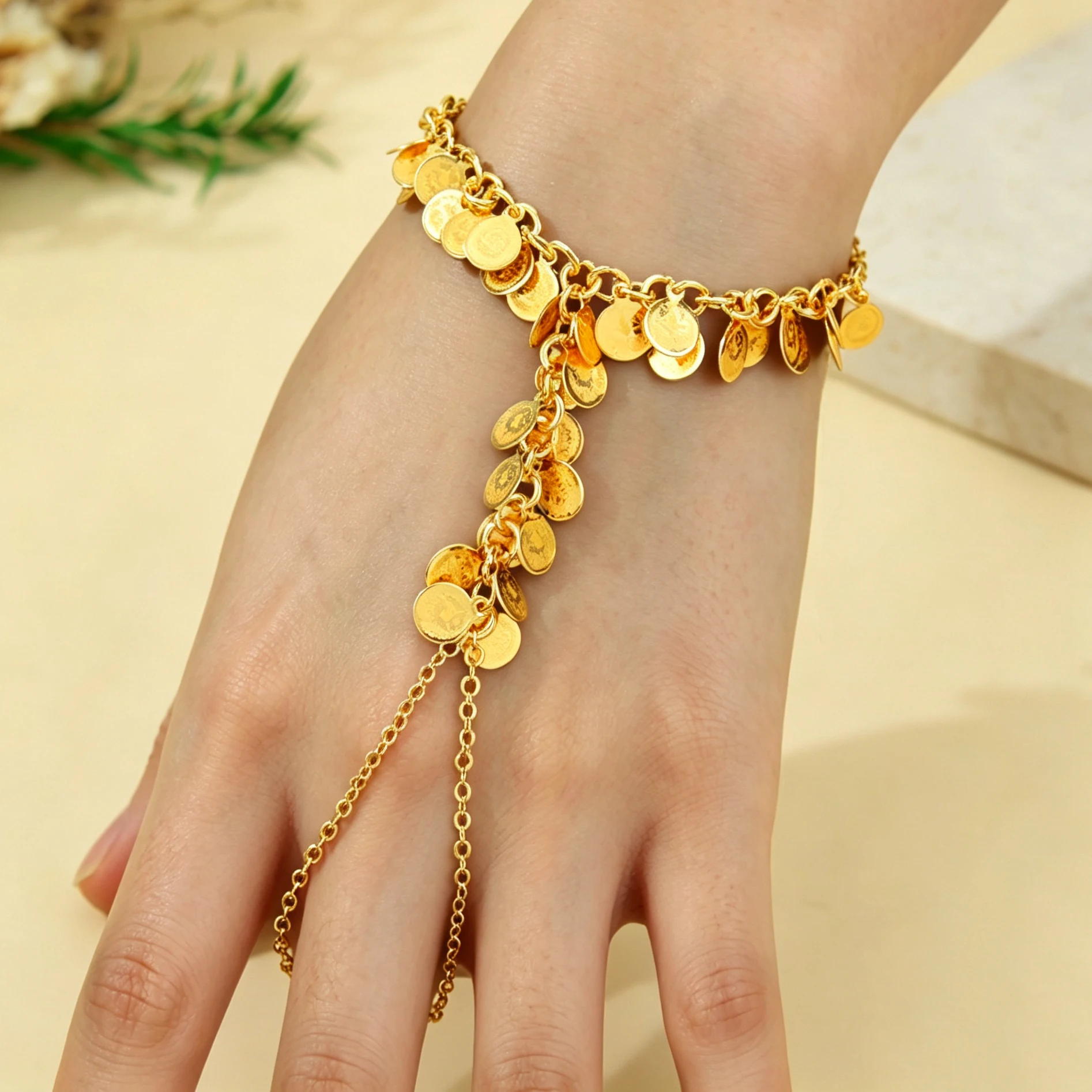 Oman Tassel Charm Bracelet with Ring 21k Gold Plated Turkish Vintage Coins Hand Chains Nigeria Women Event Party Jewelry