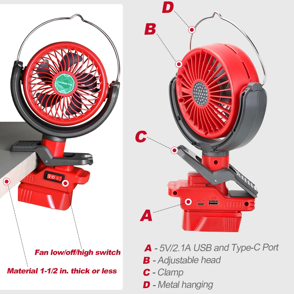 Cordless Clip Fan for Milwaukee M18 18V Battery 2 Speed Dual USB Portable for Stroller Camping Outdoor (Battery Not Included)