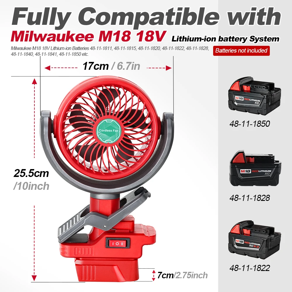 Cordless Clip Fan for Milwaukee M18 18V Battery 2 Speed Dual USB Portable for Stroller Camping Outdoor (Battery Not Included)