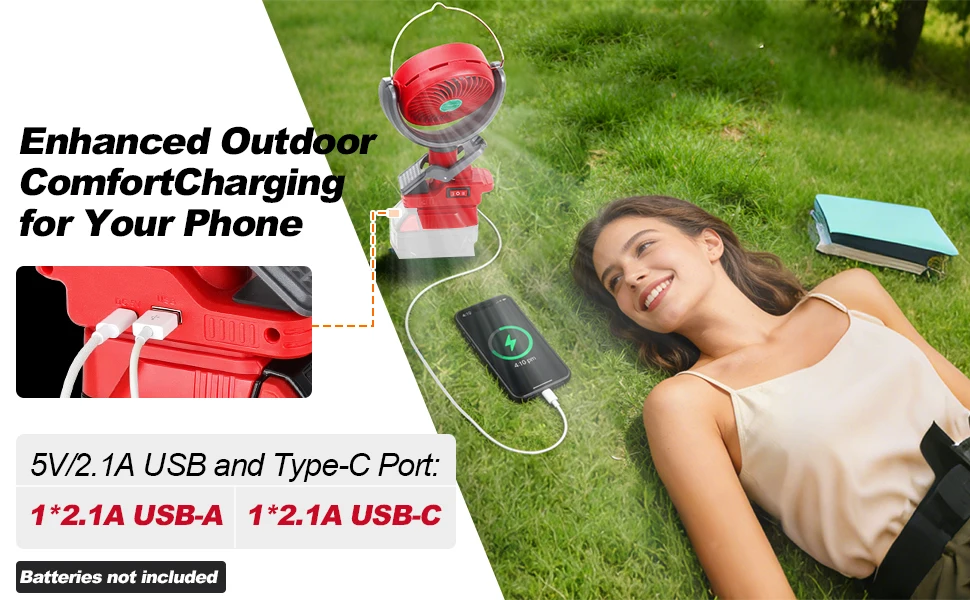Cordless Clip Fan for Milwaukee M18 18V Battery 2 Speed Dual USB Portable for Stroller Camping Outdoor (Battery Not Included)