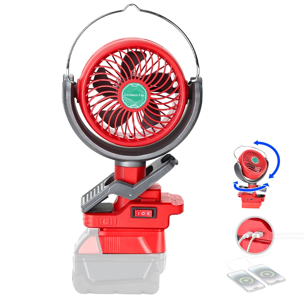 Cordless Clip Fan for Milwaukee M18 18V Battery 2 Speed Dual USB Portable for Stroller Camping Outdoor (Battery Not Included)