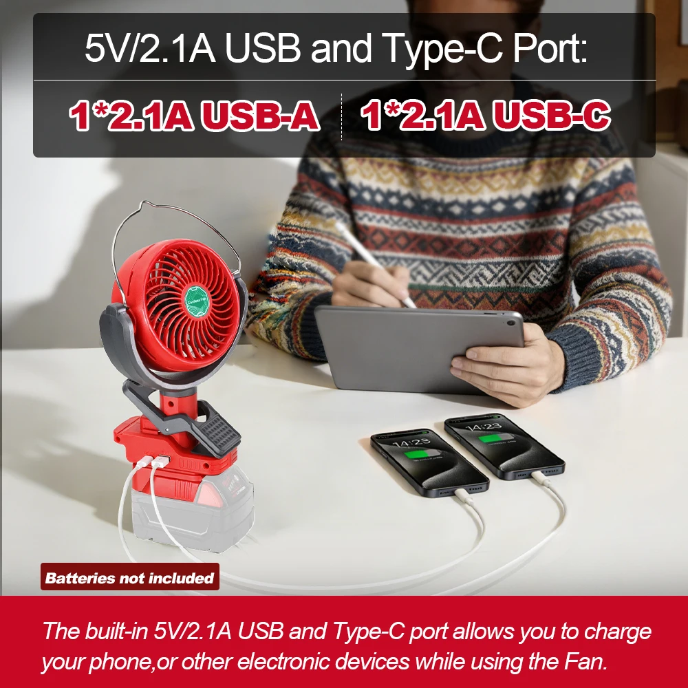 Cordless Clip Fan for Milwaukee M18 18V Battery 2 Speed Dual USB Portable for Stroller Camping Outdoor (Battery Not Included)