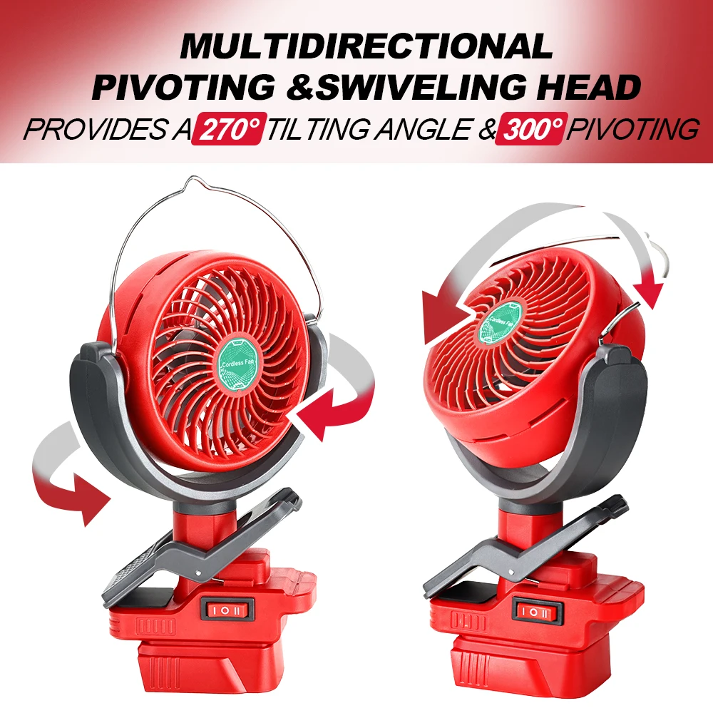 Cordless Clip Fan for Milwaukee M18 18V Battery 2 Speed Dual USB Portable for Stroller Camping Outdoor (Battery Not Included)