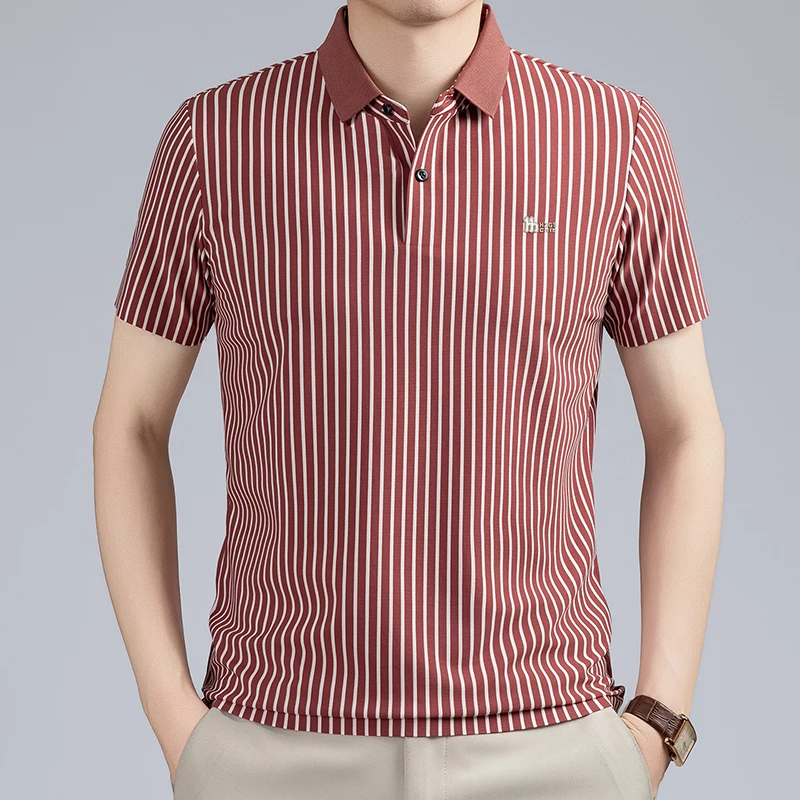 Short Sleeved T-shirt Men's Summer Striped Lapel Polo Shirt Cool Middle-aged Dad Outfit Top Versatile